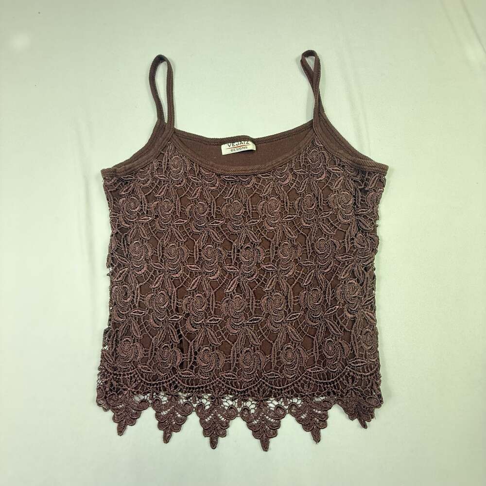 Vejaiz Designs Brown Floral Lace Overlay Scalloped Hem Camisole Tank Top